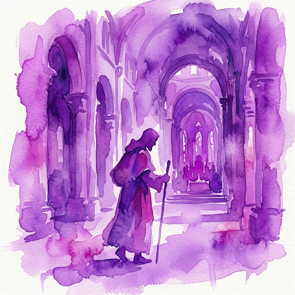 A purple watercolor illustration of a pilgrim with a staff walking through the arched stone corridors of the Santiago de Compostela Cathedral, evoking themes of faith and pilgrimage.