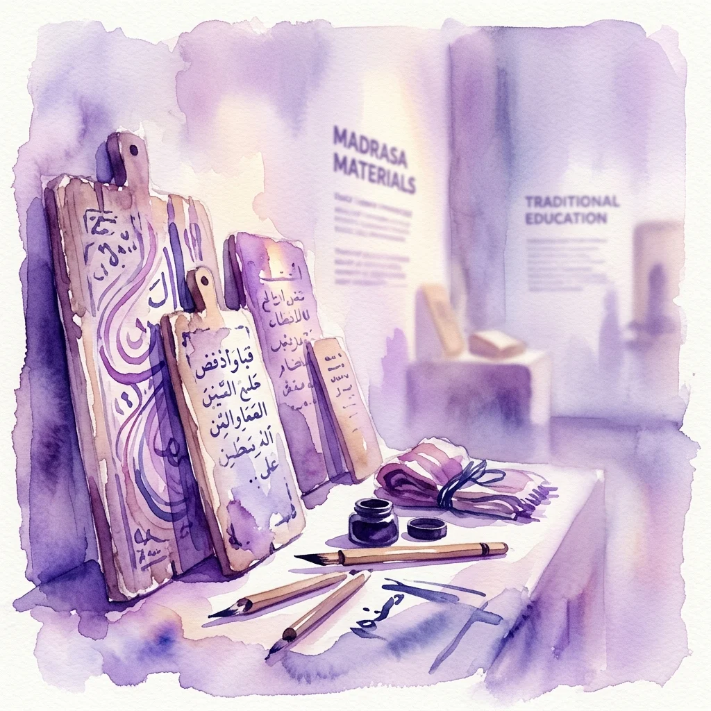 Aquarelillustratie van traditionele Afrikaanse madrasa-onderwijsmaterialen, waaronder Koranspijfelplaten met Arabische kalligrafie, inktpotten en penselen, tentoongesteld in een museumexpositie.