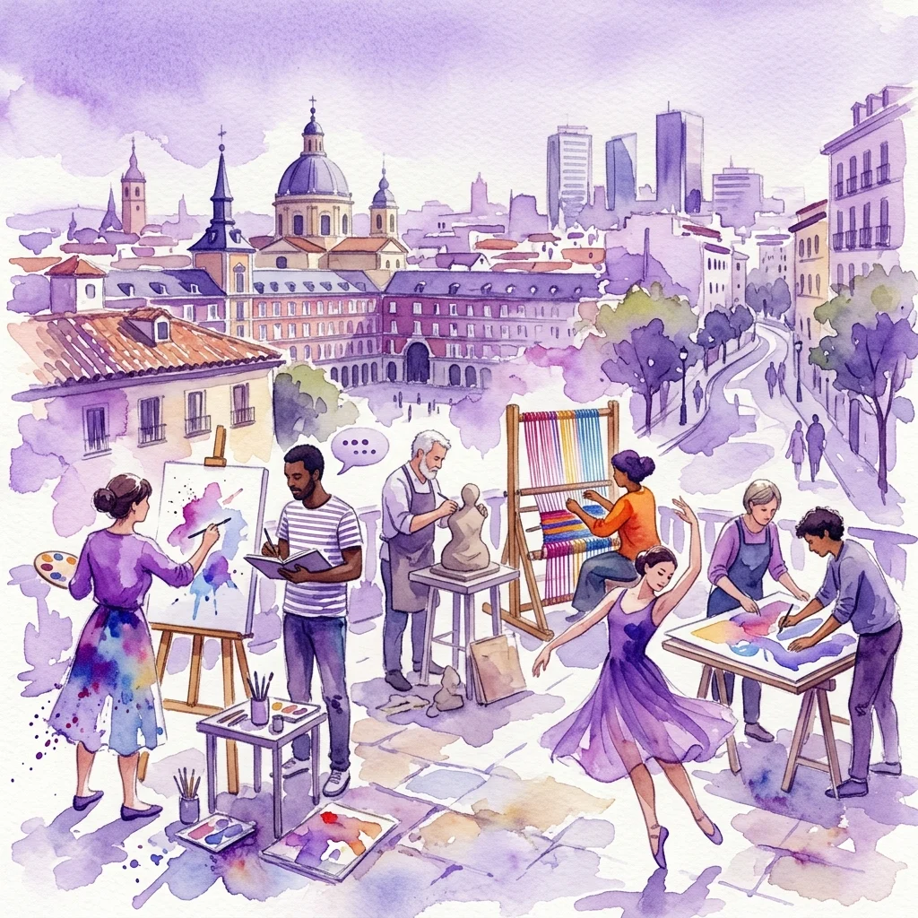 Ilustracja akwarelowa przedstawiająca różnorodnych artystów i twórców kultury tworzących sztukę w Madrycie, z panoramą miasta w tle, odzwierciedlająca motyw migracji i ekspresji kulturowej.