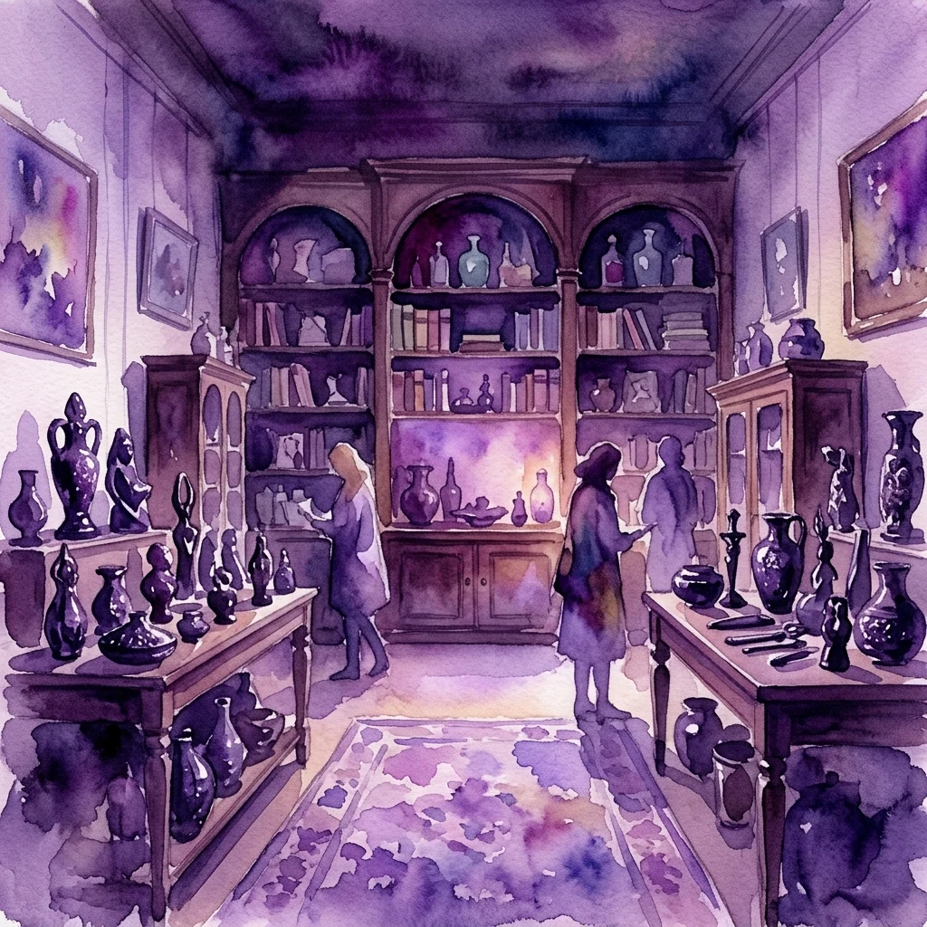 Een aquareltekening van een schemerig museuminterieur, ingericht als een rariteitenkabinet, met obsidiaanartefacten, antieke boeken en bezoekers die de tentoonstelling 'El espejo humeante' van Miguel Ángel Blanco verkennen.