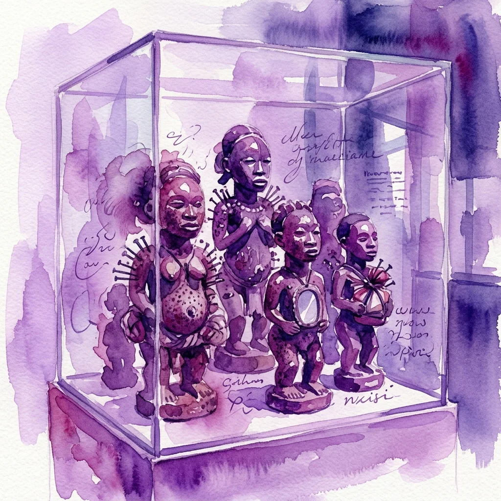 Ilustracja akwarelowa kongijskich figur nkisi wystawionych w muzealnej gablocie, podkreślająca ich znaczenie kulturowe wykraczające poza zachodnie określenie 'fetysz'.