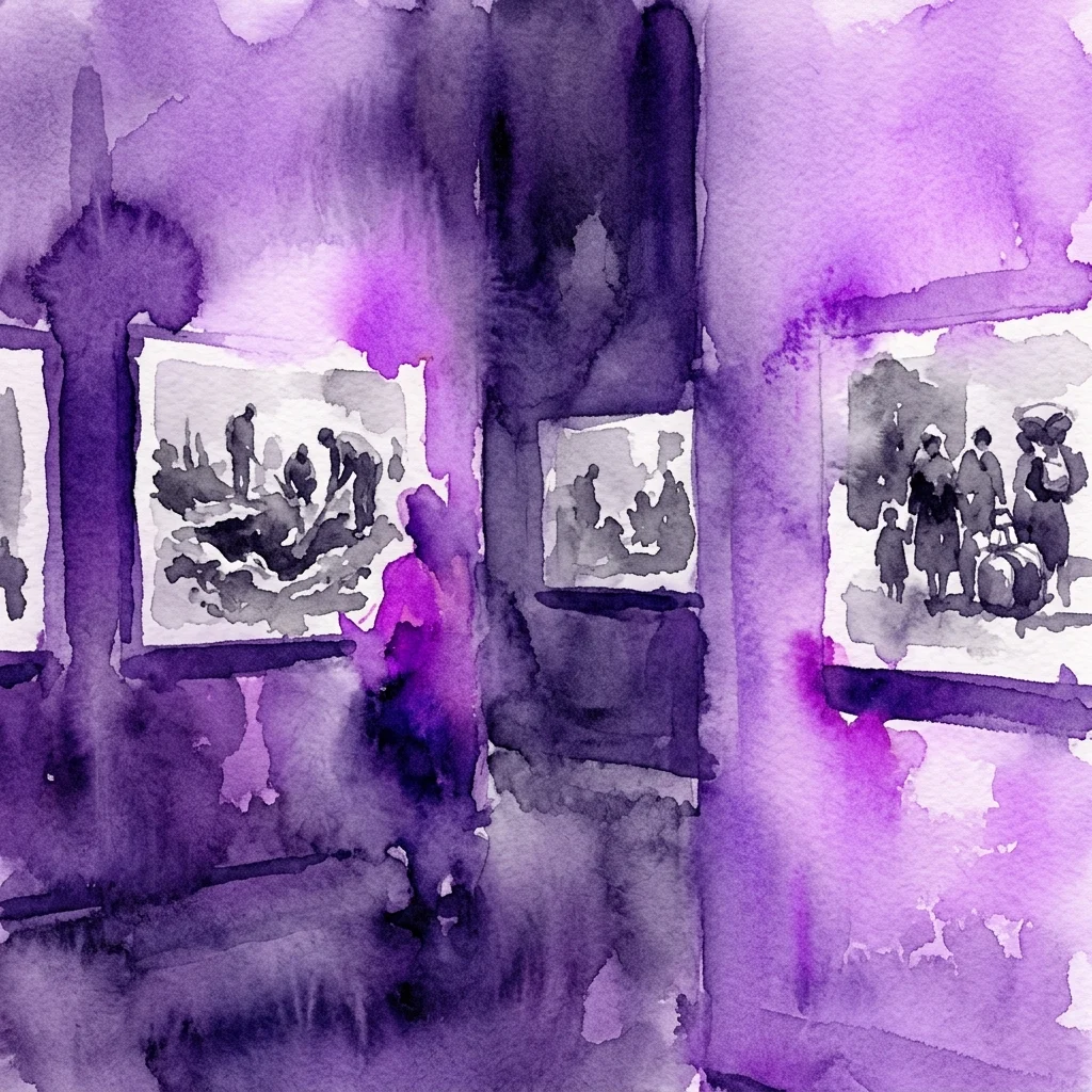 Aquarelowa ilustracja galerii muzealnej z fioletowym oświetleniem, prezentująca czarno-białe fotografie Gwatemalczyków w czasie konfliktu, odzwierciedlające tematy represji, uchodźstwa i odbudowy.