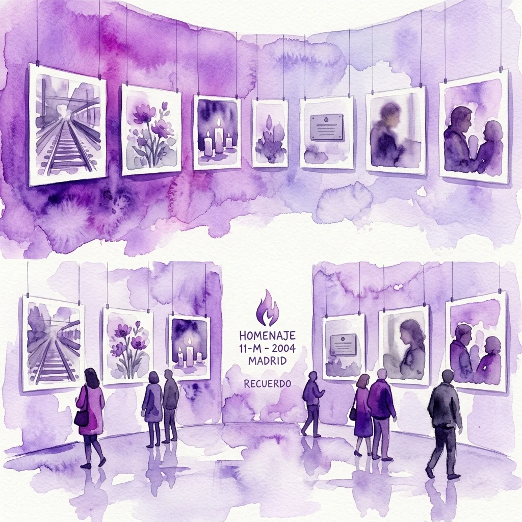 Waterverfillustratie van een tentoonstellingsgalerij met paars getinte foto's aan de muren, die treinsporen, bloemen, kaarsen en mensen afbeelden, terwijl bezoekers de kunstwerken bekijken onder een centrale display met de tekst 'HOMENAJE 11-M - 2004 MADRID RECUERDO'.
