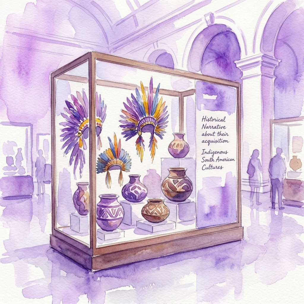 Ilustracja akwarelowa gabloty muzealnej przedstawiającej rdzenne artefakty z Ameryki Południowej, w tym pióropusze i ceramikę, z tabliczką szczegółowo opisującą historię ich pozyskania.