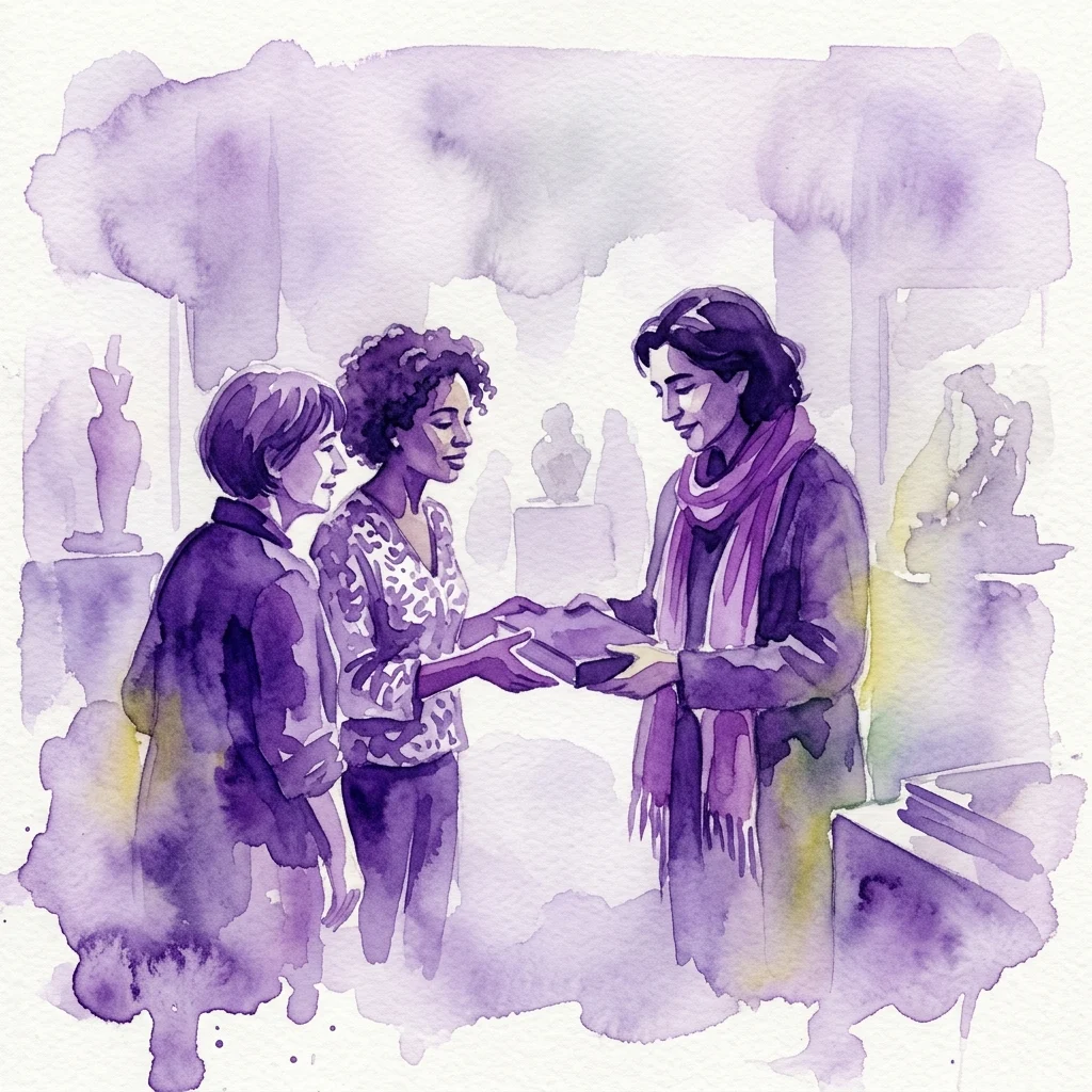 Ilustracja akwarelowa przedstawiająca trzy kobiety w muzeum, wymieniające przedmioty w ramach wystawy poświęconej migracji i tożsamości kulturowej.