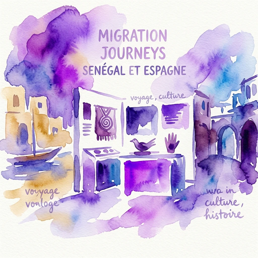 Ilustracja akwarelowa wystawy „Podróże migracyjne: Senegal i Hiszpania”, prezentująca artefakty kulturowe, łódź oraz teksty w języku francuskim i hiszpańskim, ukazująca tematy podróży i wymiany kulturowej.