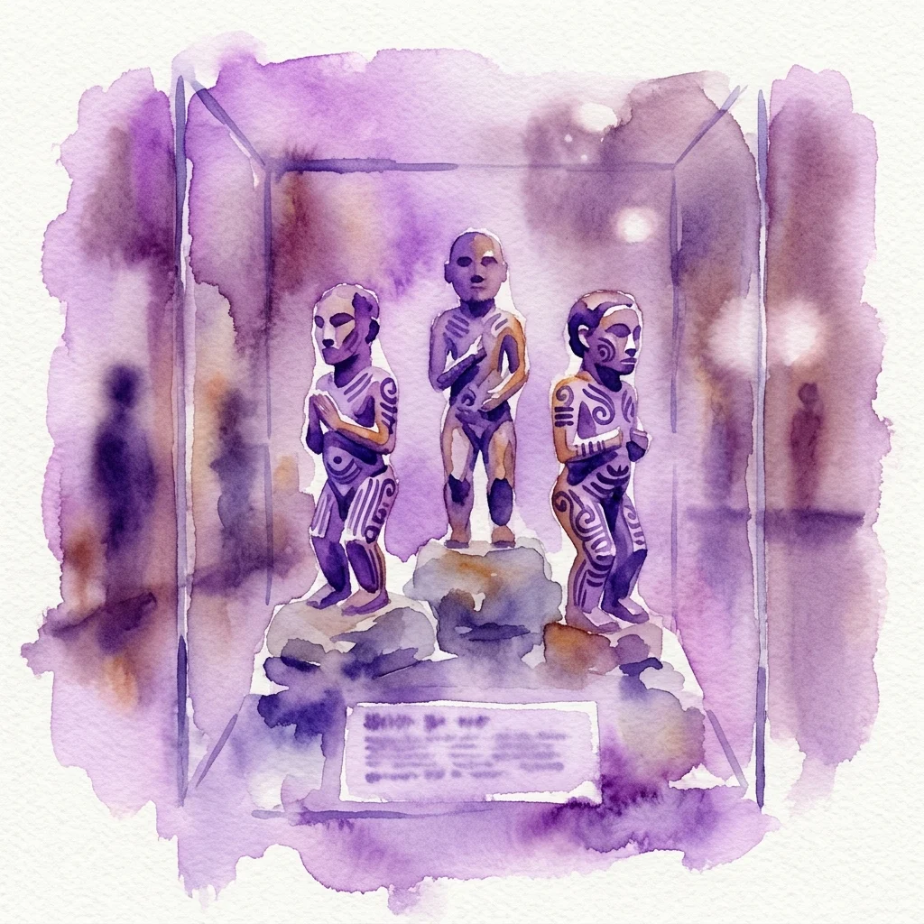 Ilustracja akwarelowa przedstawiająca trzy figury przodków Kankanaev (anitos) z tradycyjnymi tatuażami, wystawione w gablocie muzealnej, reprezentujące filipińską kulturę i dziedzictwo tatuażu.