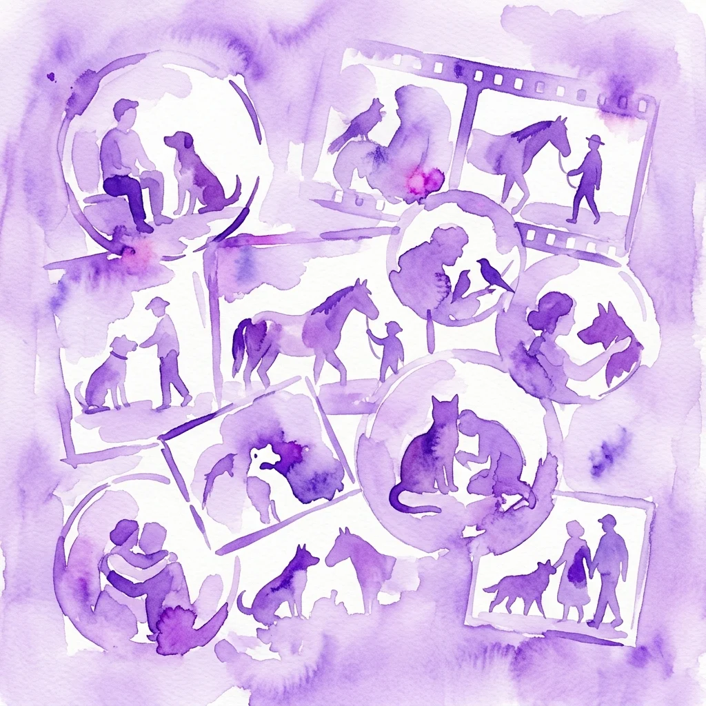 Una ilustración en acuarela púrpura que representa un collage de relaciones humano-animales silueteadas, incluyendo personas con perros, caballos y pájaros, dispuestas en fotogramas de película y marcos circulares.