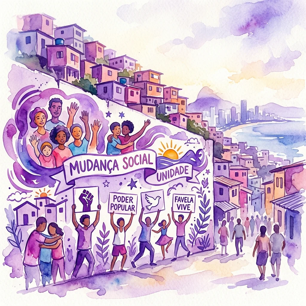 Ilustracja akwarelowa tętniącego życiem muralu ulicznego w Rio de Janeiro, przedstawiająca zróżnicowanych członków społeczności, architekturę faweli oraz symbole zmian społecznych, takie jak napisy „Mudança Social” i „Poder Popular”.