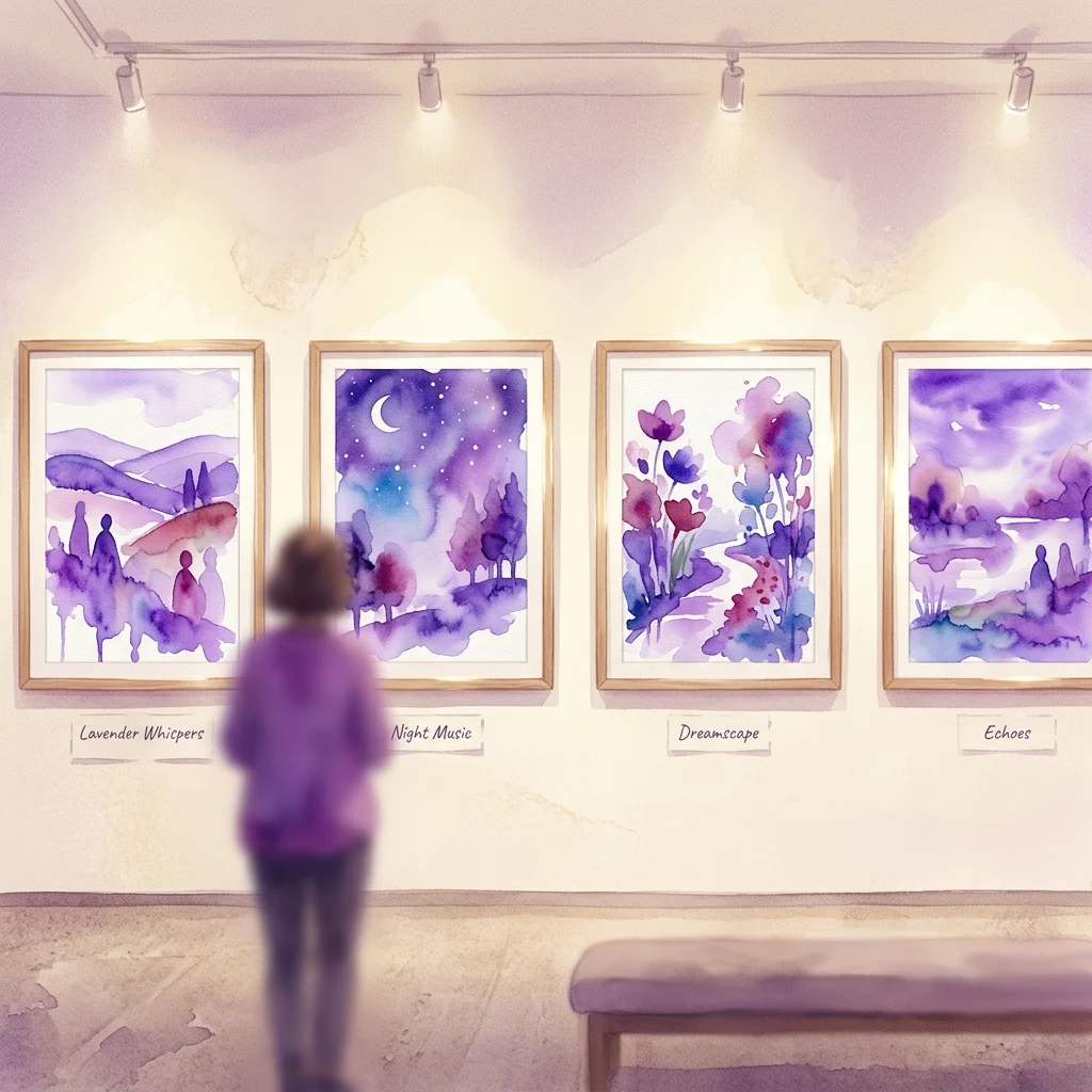 Een galeriewand met vier ingelijste aquarelverfschilderijen in paarse en blauwe tinten, getiteld Lavender Whispers, Night Music, Dreamscape en Echoes, met een bezoeker die het kunstwerk bekijkt.