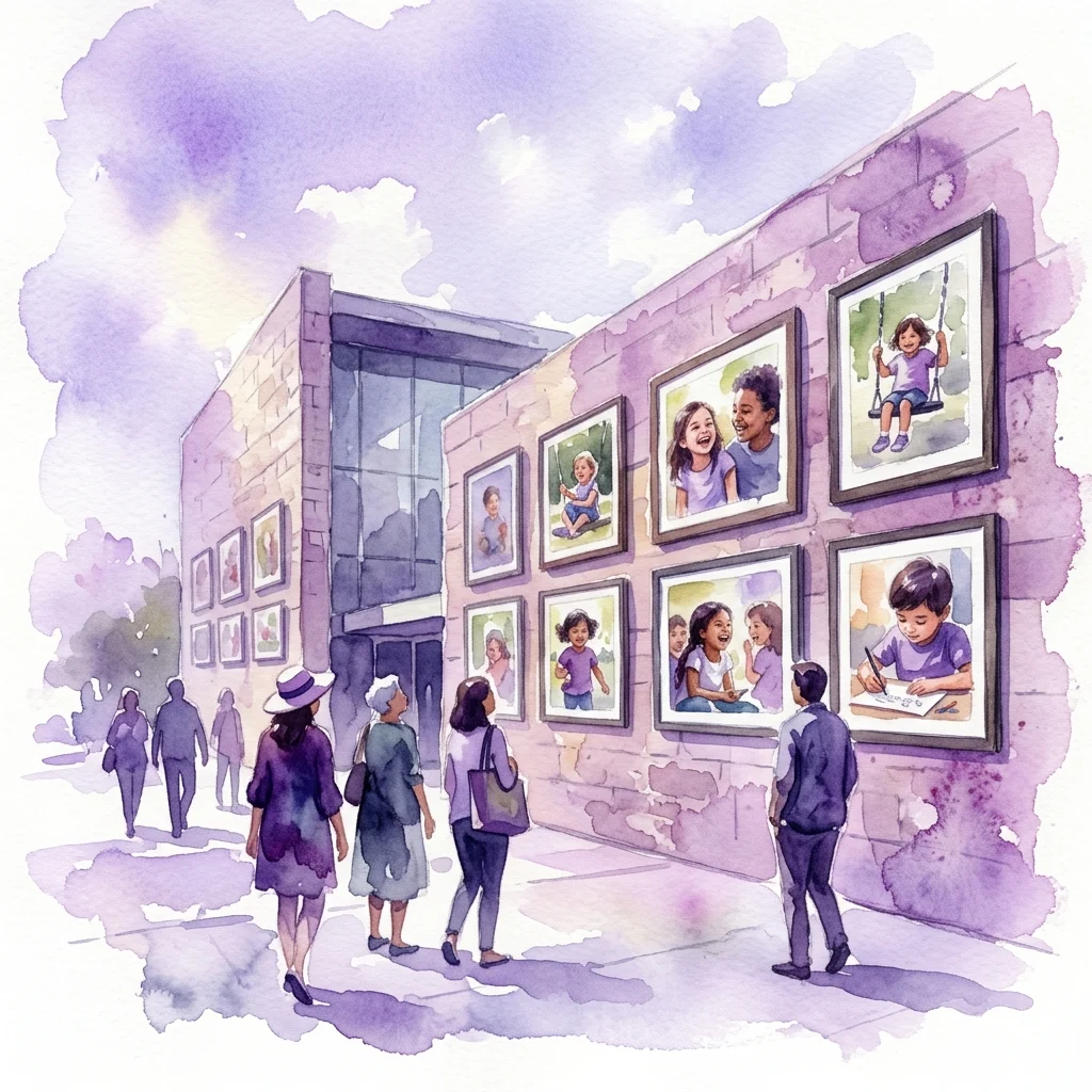 Waterverfillustratie van bezoekers die een buitenexpositie van portretten van transgender kinderen bekijken in het Nationaal Museum van Antropologie, symbool voor genderdiversiteit en identiteit.