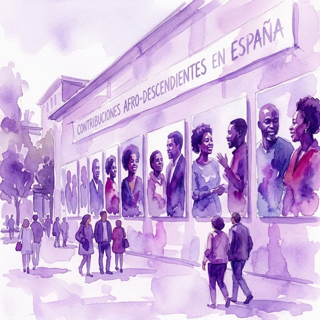 Ilustracja akwarelowa przedstawiająca zewnętrzną część muzeum z dużymi portretami osób pochodzenia afrodyzyjskiego i napisem 'Contribuciones Afro-descendientes en España' na fasadzie.