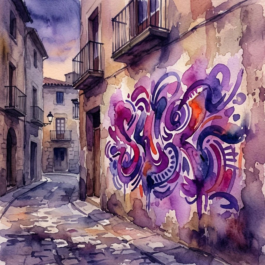 Akwatela namalowana na żywym graffiti na ścianie ulicy w hiszpańskim mieście, przedstawiająca abstrakcyjną sztukę miejską w odcieniach fioletu, różu i pomarańczy na tle brukowanej alei o zmierzchu.