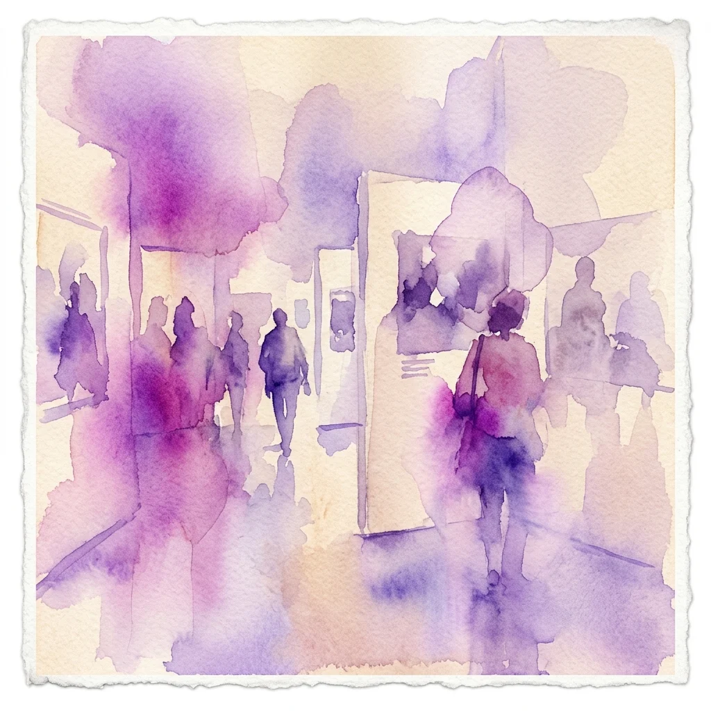 Watercolor illustration of silhouetted figures in a gallery space, using purple and lavender hues to evoke the human stories of migration in the exhibition 'Tráfico de esperanzas: los caminos de la migración en el norte de África'.