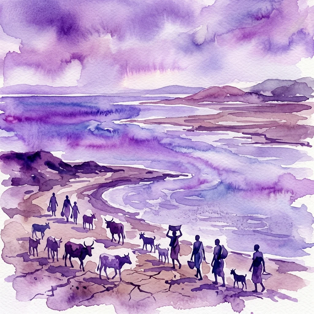 Ilustracja akwarelowa przedstawiająca lud Turkana i ich zwierzęta gospodarskie spacerujące wzdłuż kurczącego się brzegu Jeziora Turkana, podkreślająca wrażliwość środowiska i odporność kulturową w Kenii.