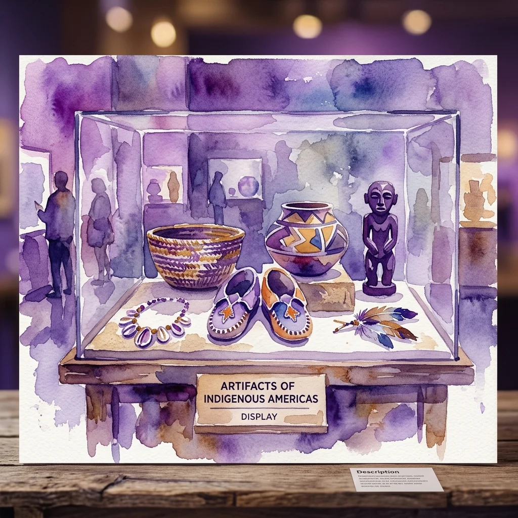 Ilustracja akwarelowa gabloty muzealnej prezentującej artefakty rdzennych Amerykanów, w tym mokasyny, ceramikę, rzeźbioną figurkę i naszyjnik z koralików, z etykietą „ARTEFAKTY AMERYKI RDZENNEJ WYSTAWA”.