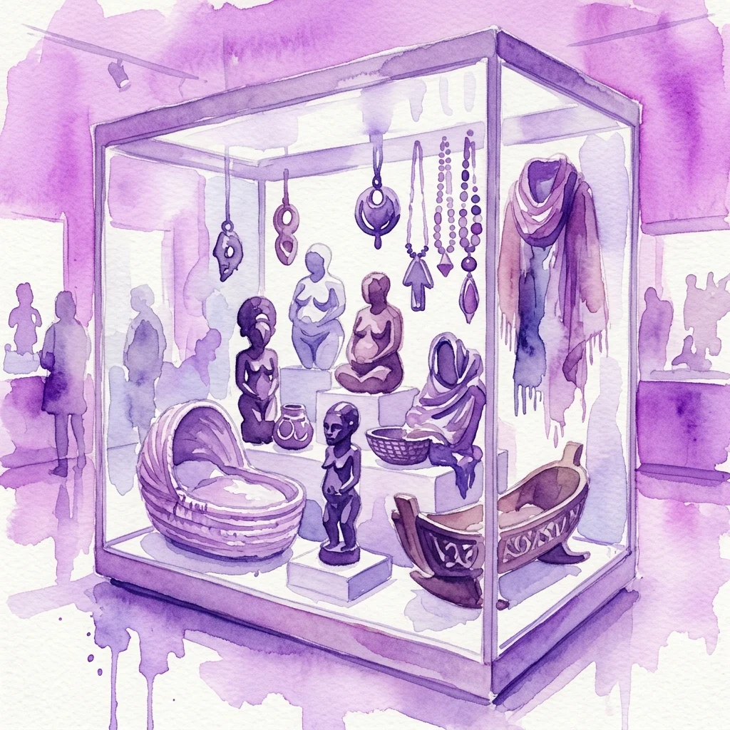 A museum vitrine displaying diverse cultural artifacts related to birth and maternity, including sculptures, amulets, and cradles from various global cultures.