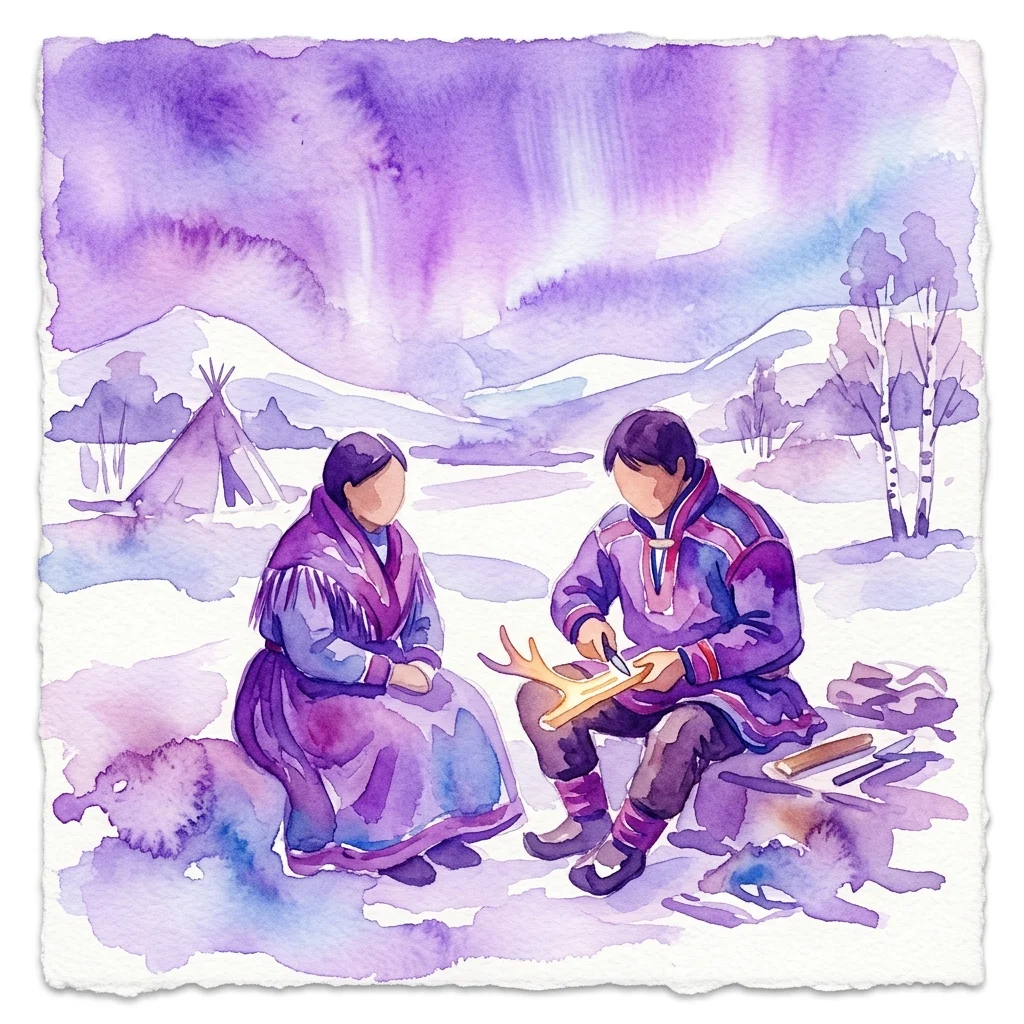 Waterverfillustratie van twee Saami in traditionele kleding, waarvan één antler gereedschap maakt, tegen een besneeuwd Arctisch landschap met een tent en noorderlicht.