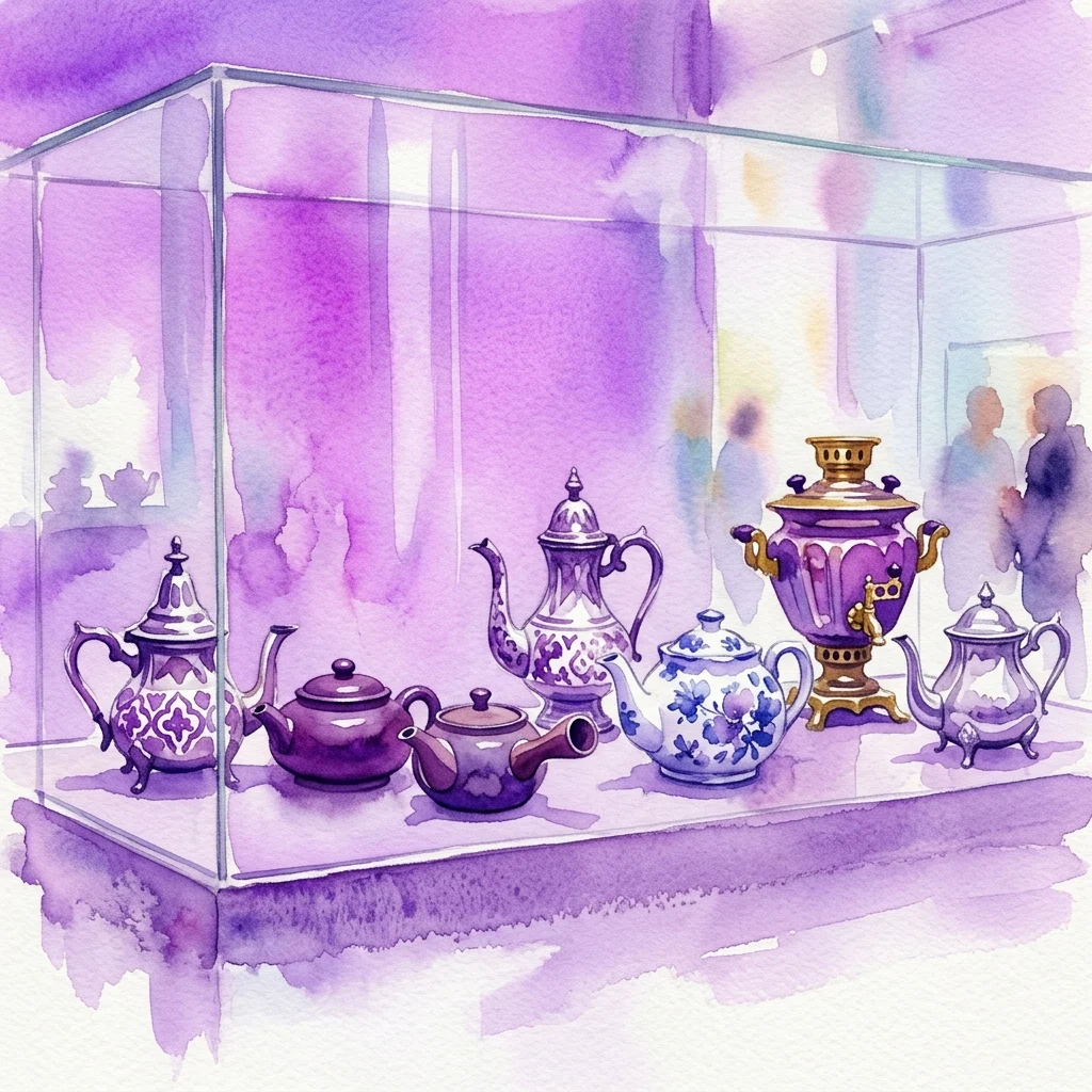 Una ilustración en acuarela de una vitrina de museo que exhibe una colección de diversas teteras históricas de varias culturas, incluidos diseños ornamentados de porcelana y metal, bajo una suave iluminación púrpura.