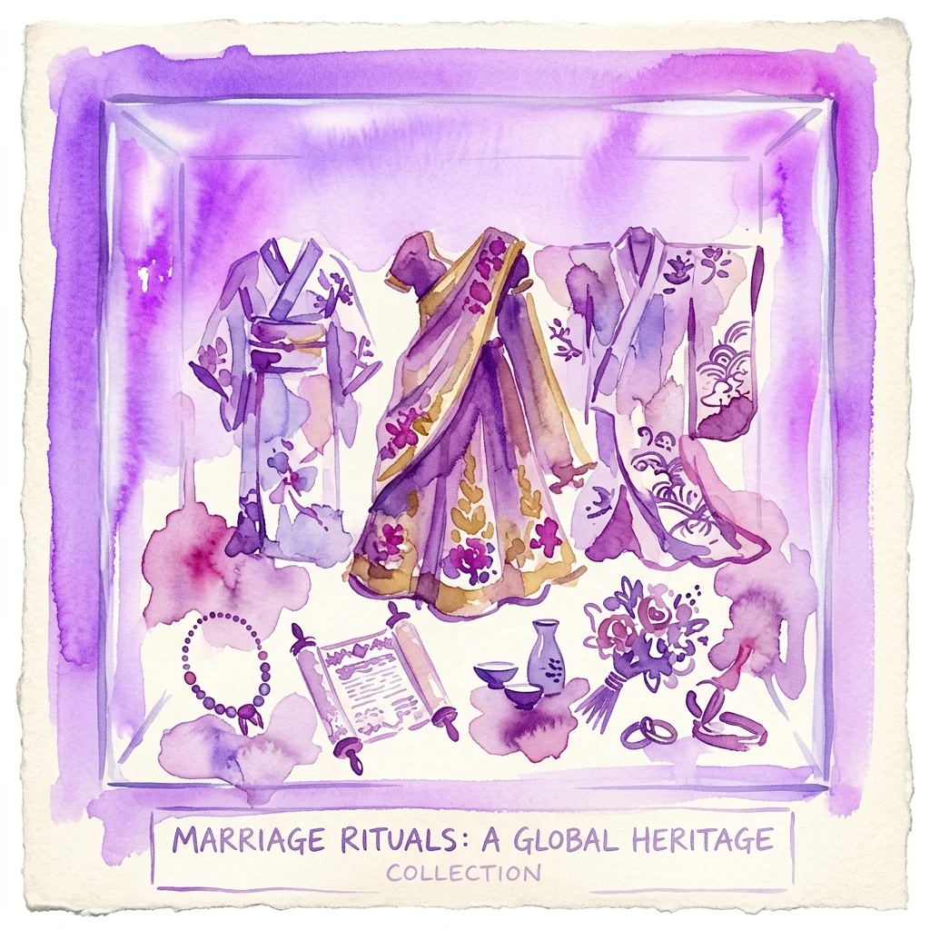 Watercolor illustration of a museum vitrine displaying traditional wedding attire and ceremonial objects from various cultures, including kimonos, a sari, and symbolic items like rings and a scroll.