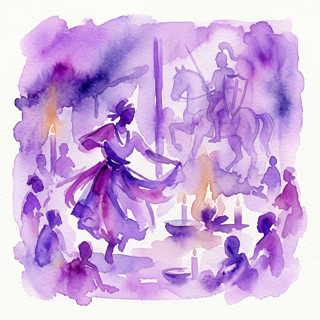 Ilustracja akwarelowa rytuału voodoo na Haiti, przedstawiająca tańczącą postać ze świecami i figurę Santiago Matamorosa na koniu, symbolizującą synkretyzm tradycji afrykańskich i katolickich.