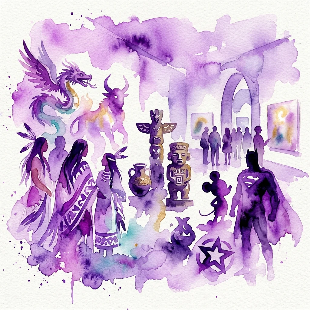 Ilustracja akwarelowa wystawy Nadína Ospiny „YO SOY OTRO TÚ”, prezentująca postacie rdzenne, mityczne stworzenia, artefakty prekolumbijskie oraz ikony popkultury, takie jak Batman i Myszka Miki, w galerii muzealnej.