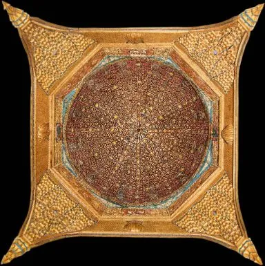 een vierkant Romeins mozaïek met een centraal cirkelvormig patroon en een geometrische rand
