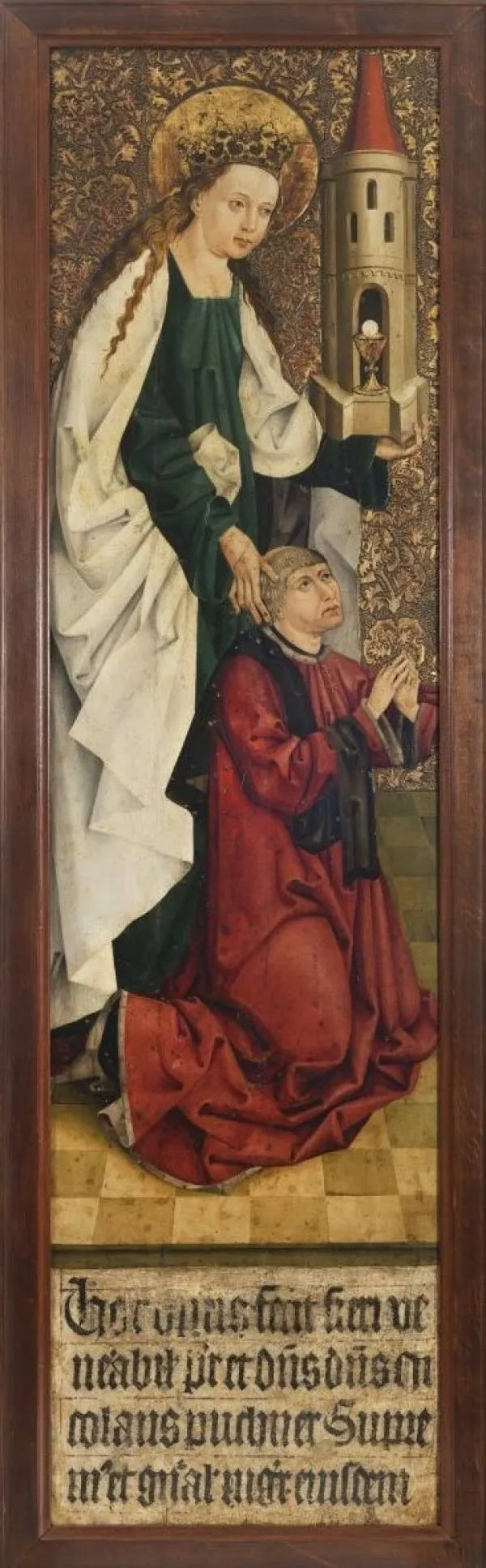 Middeleeuws schilderij van de Maagd Maria met een halo, staande boven een knielende figuur in een rode mantel, met een toren en een sierlijke achtergrond