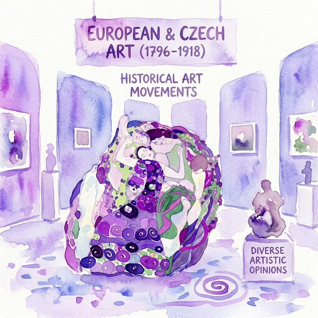 Watercolor illustration of an art gallery featuring European and Czech art (1796-1918), with a central sculpture surrounded by paintings and text highlighting historical art movements and diverse artistic opinions.