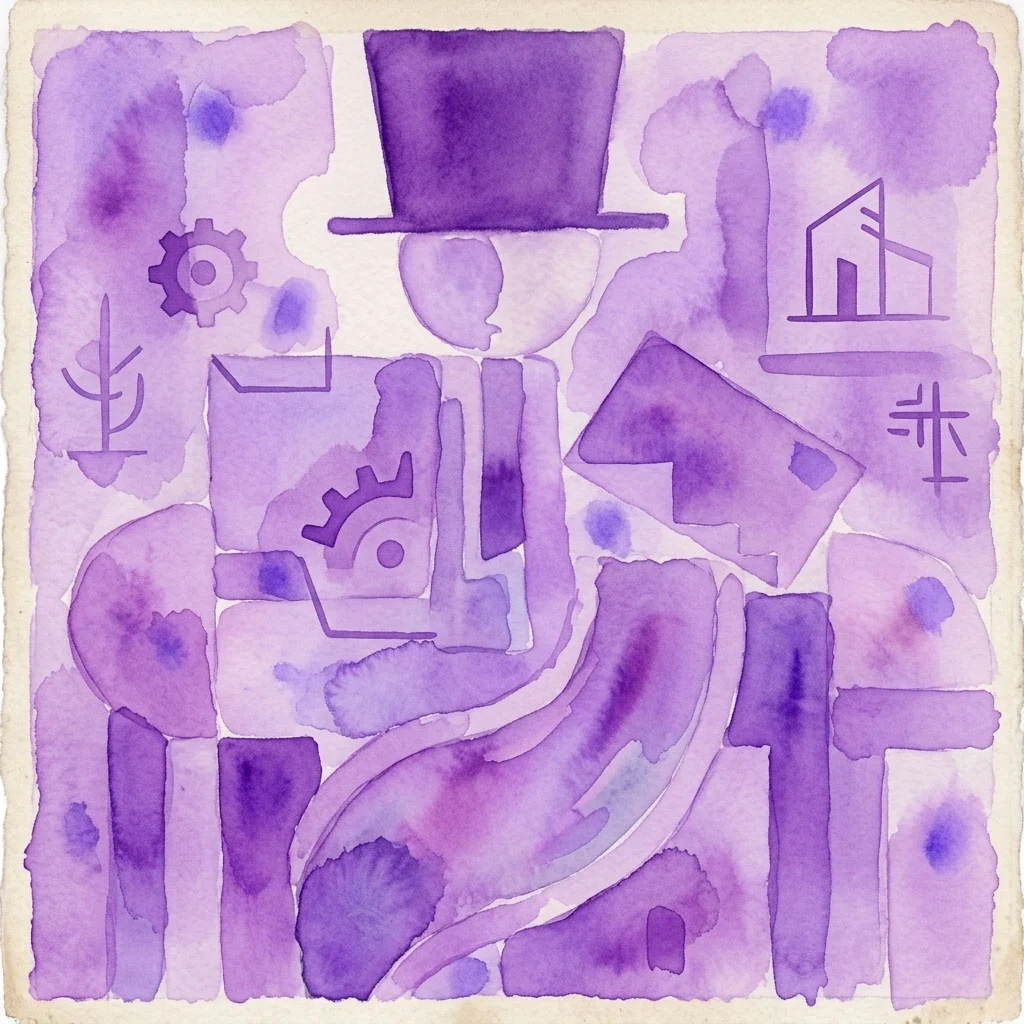 Abstract purple watercolor artwork featuring geometric shapes, a top hat, gears, and architectural forms, representing the cultural and artistic themes of the First Czechoslovak Republic (1918-1938).
