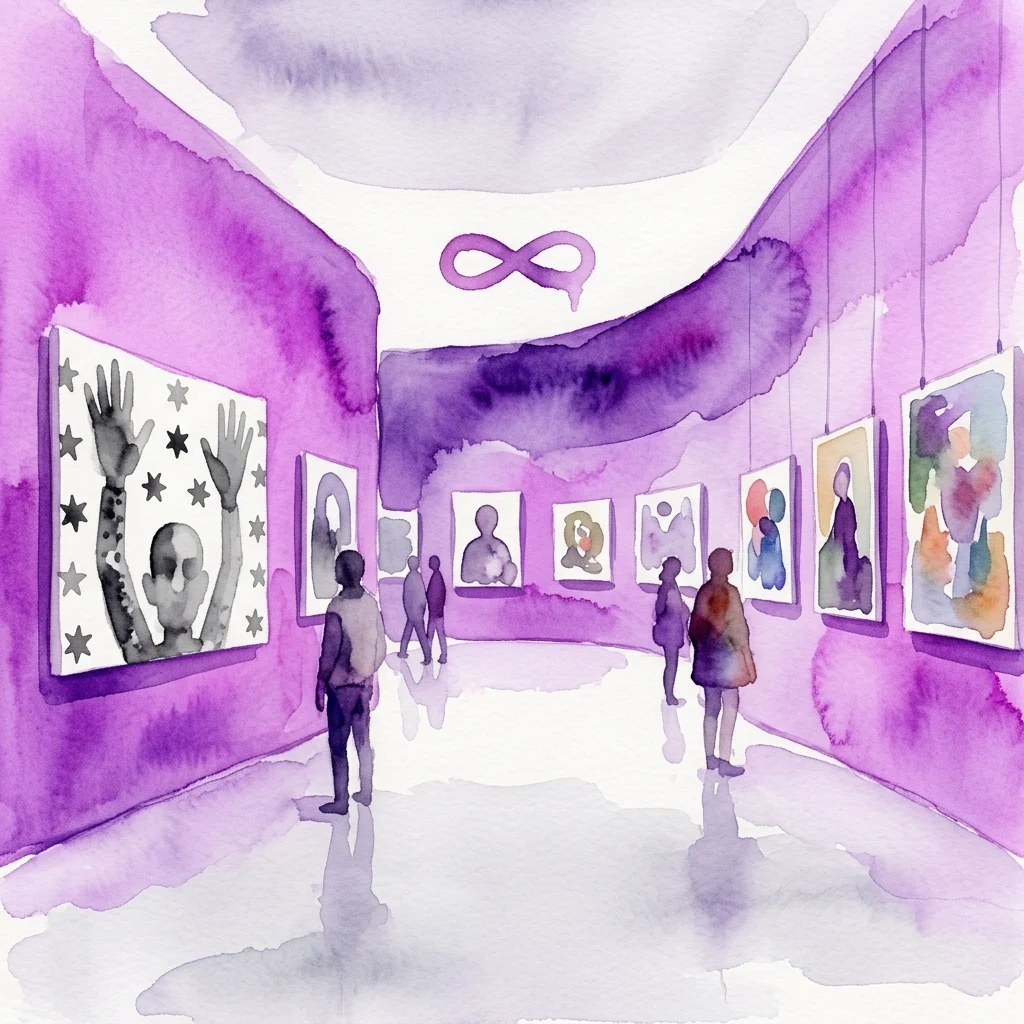 A watercolor illustration of a modern art gallery with purple walls, featuring diverse artworks from 1939-2021, including black-and-white and colorful pieces, with visitors observing the exhibition.