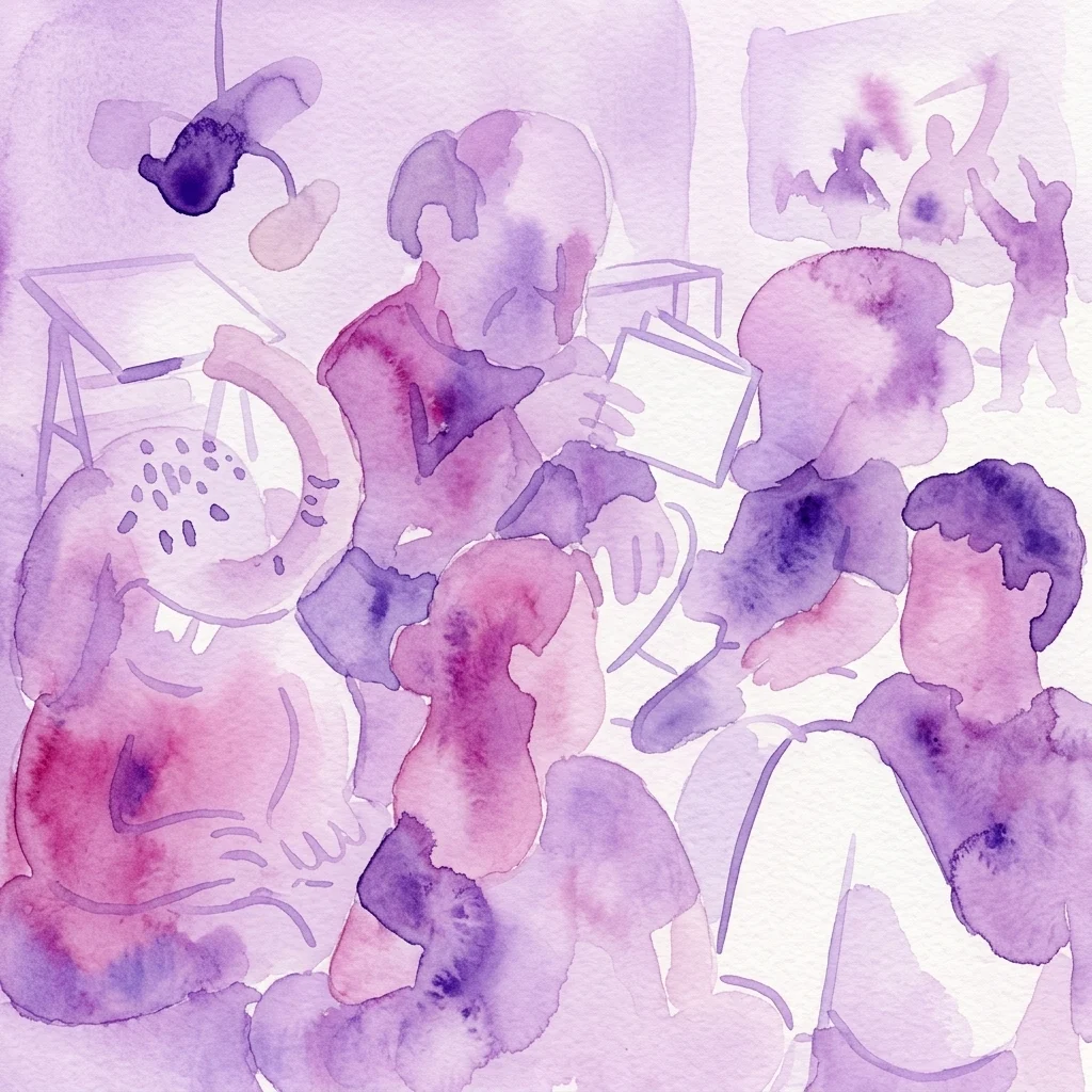 Abstract watercolor artwork in purple and pink hues depicting figures in a creative studio setting with minimalist furniture and art installations.