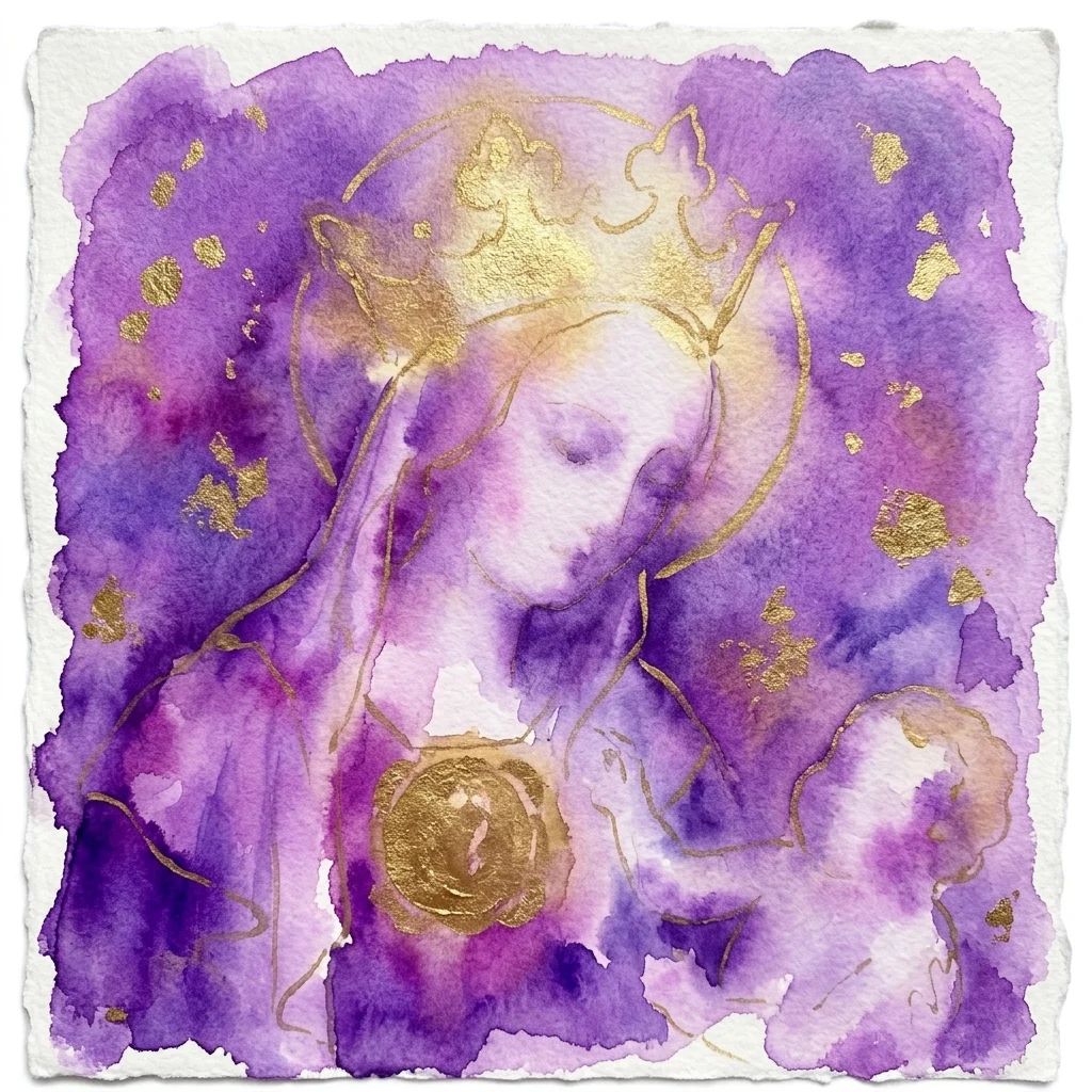 A medieval-style watercolor painting of a crowned religious figure, likely the Virgin Mary, with gold leaf details on a purple and white background, evoking art from Bohemia and Central Europe (1200-1550).