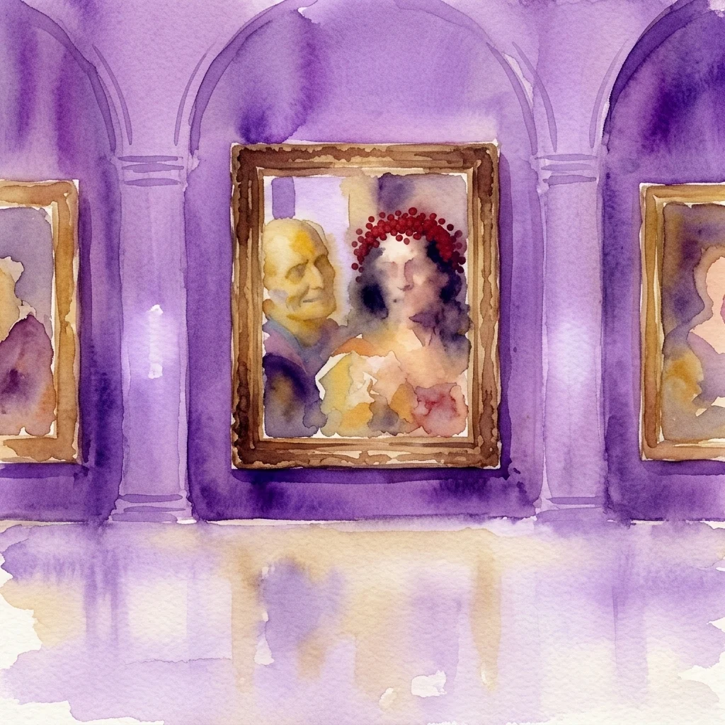 Watercolor illustration of a gallery with purple walls and arched alcoves, displaying classical paintings in wooden frames, evoking the atmosphere of the Old Masters II exhibition at Sternberg Palace.