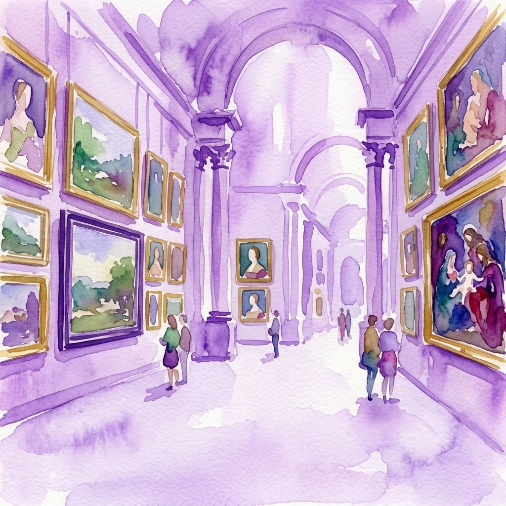 A watercolor illustration of a grand gallery hall with arched ceilings and columns, displaying classical European paintings from the 16th to 18th centuries, including portraits, landscapes, and religious scenes, with visitors observing the art.