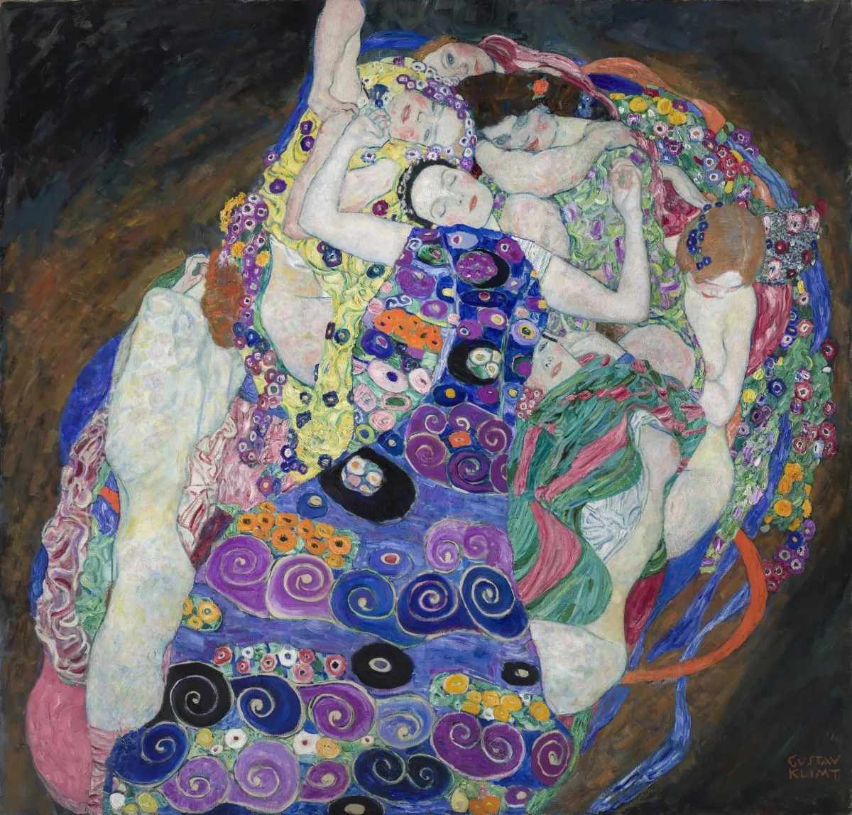 Una pintura colorida con múltiples figuras en una composición arremolinada, con intrincados patrones y colores vibrantes.