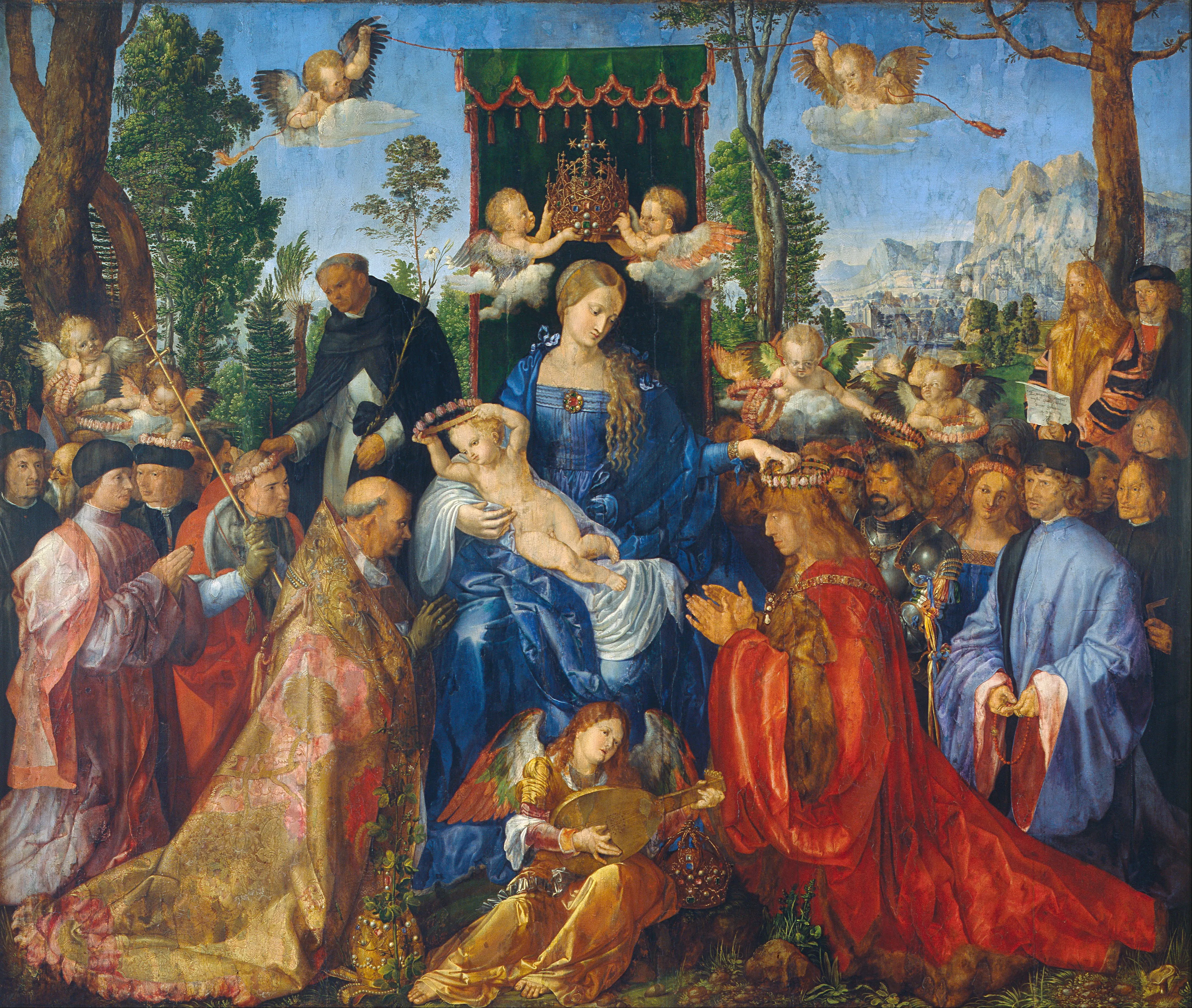 A large religious painting showing the Virgin Mary with the Christ child, surrounded by figures in historical clothing, set against a landscape with trees and mountains.