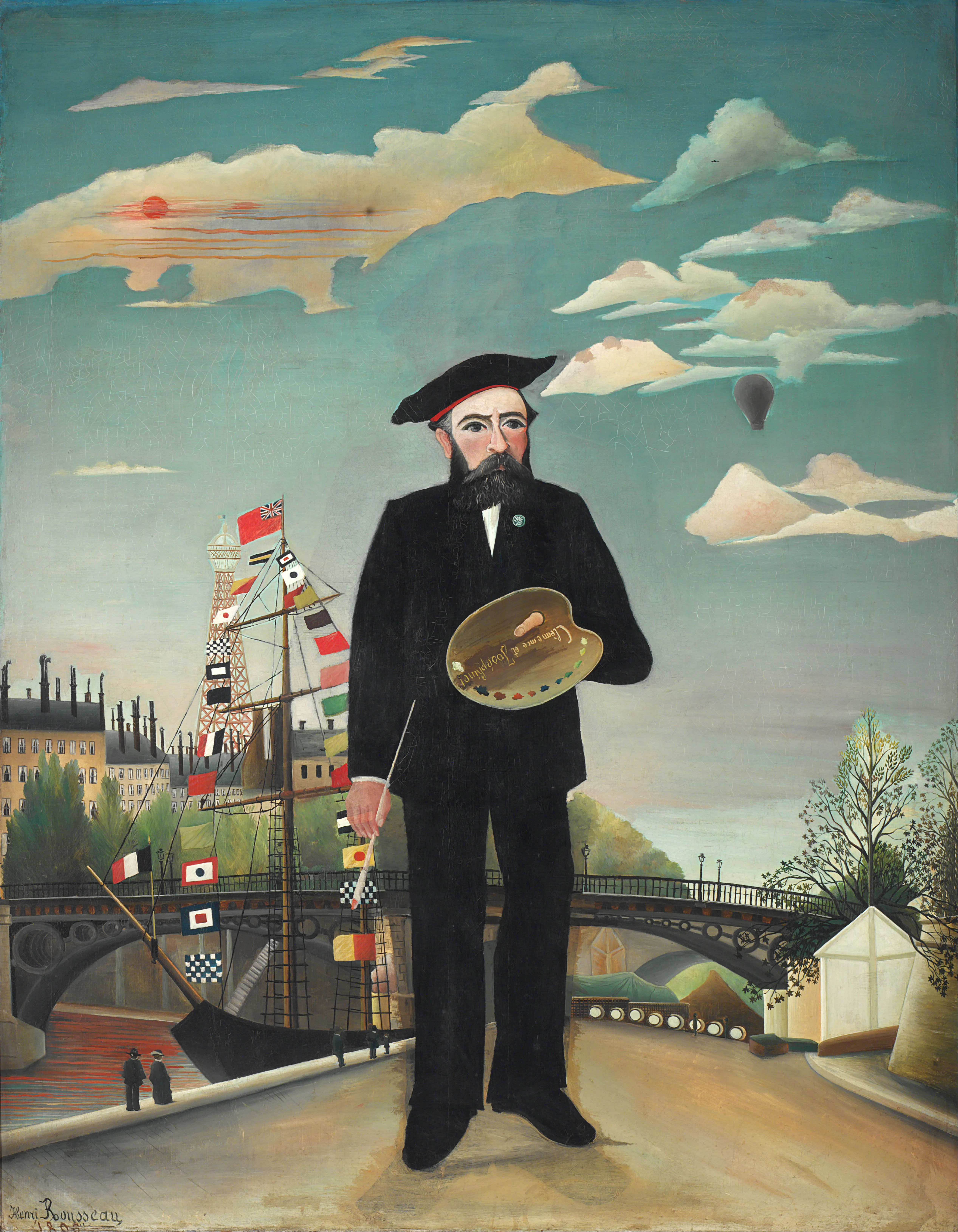 A painting of a man in a black suit holding a paint palette, standing in front of a surreal landscape with a ship, bridge, and hot air balloon.