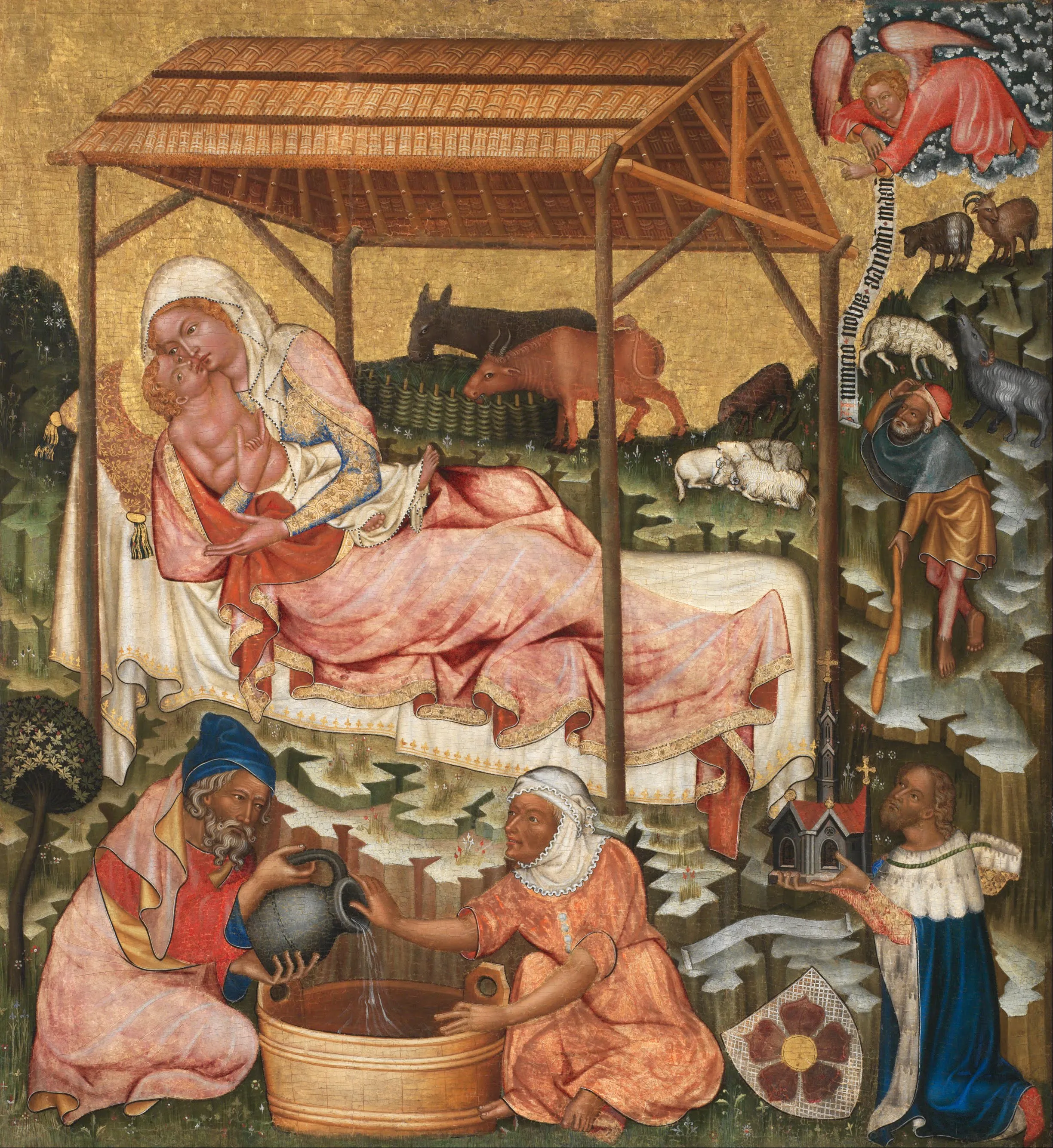 Medieval painting of the Nativity with Mary holding baby Jesus, shepherds, animals, and angels in a wooden stable