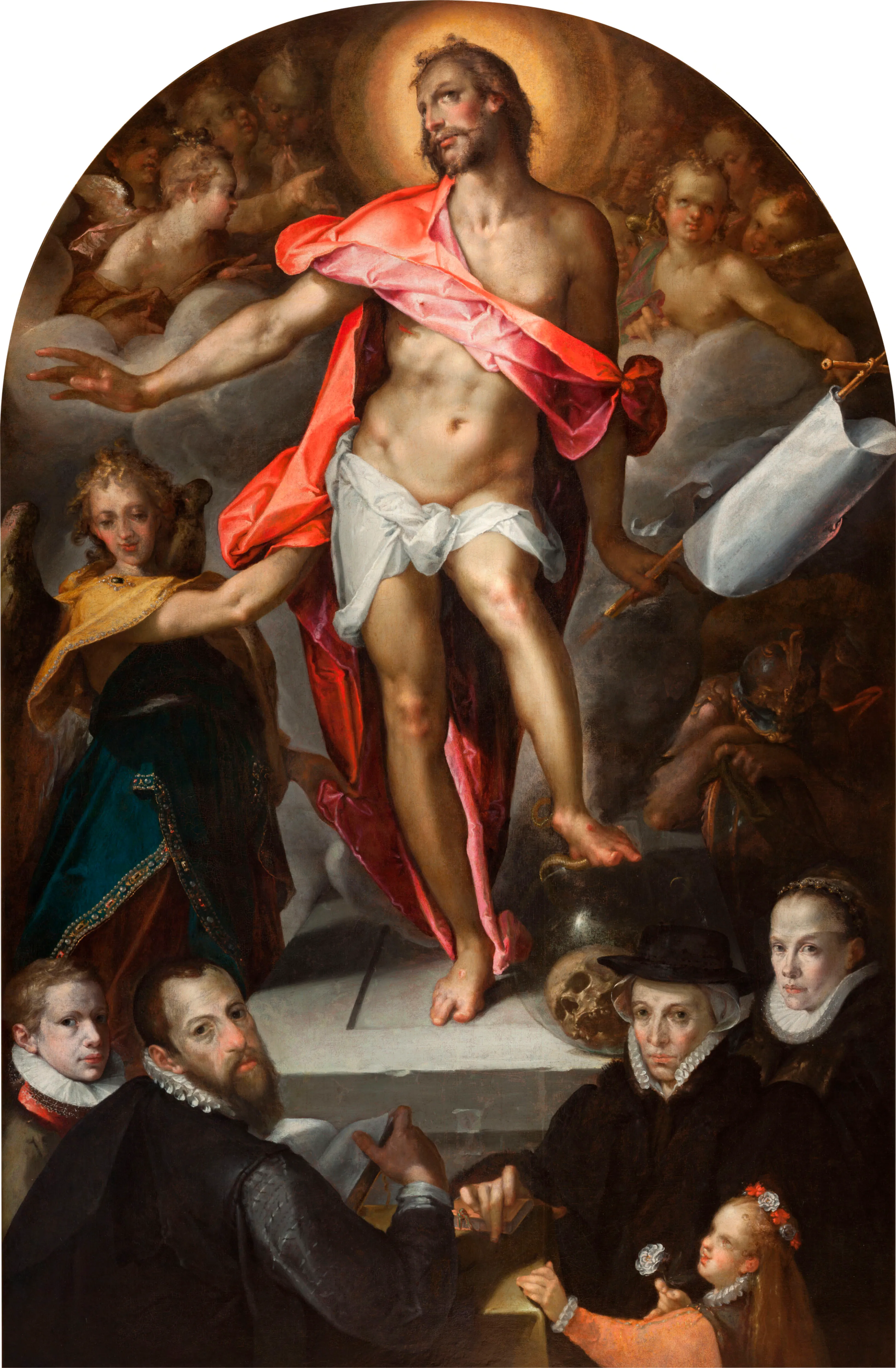 A Baroque painting showing a central figure in a red robe with angels and figures in period clothing