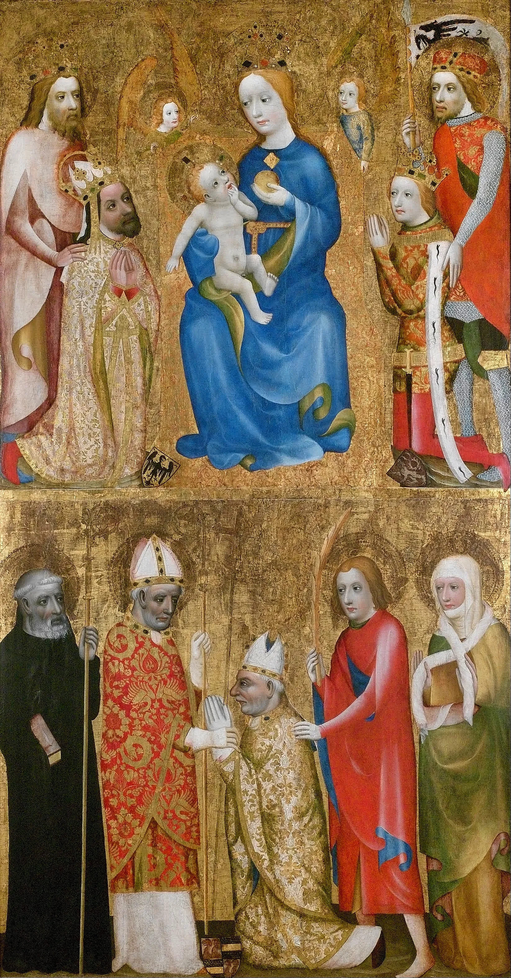 Medieval religious painting with figures including the Virgin Mary holding the Christ Child, saints, and archbishops in ornate robes against a gold background