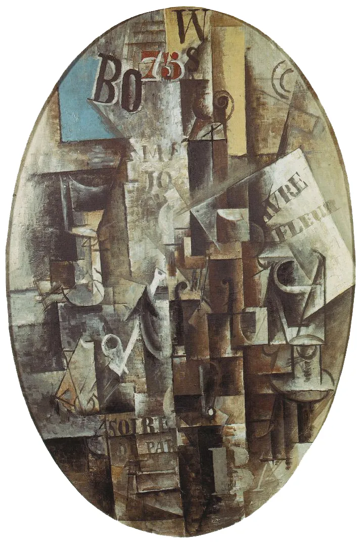 Cubist painting with fragmented geometric shapes, text elements, and a muted color palette