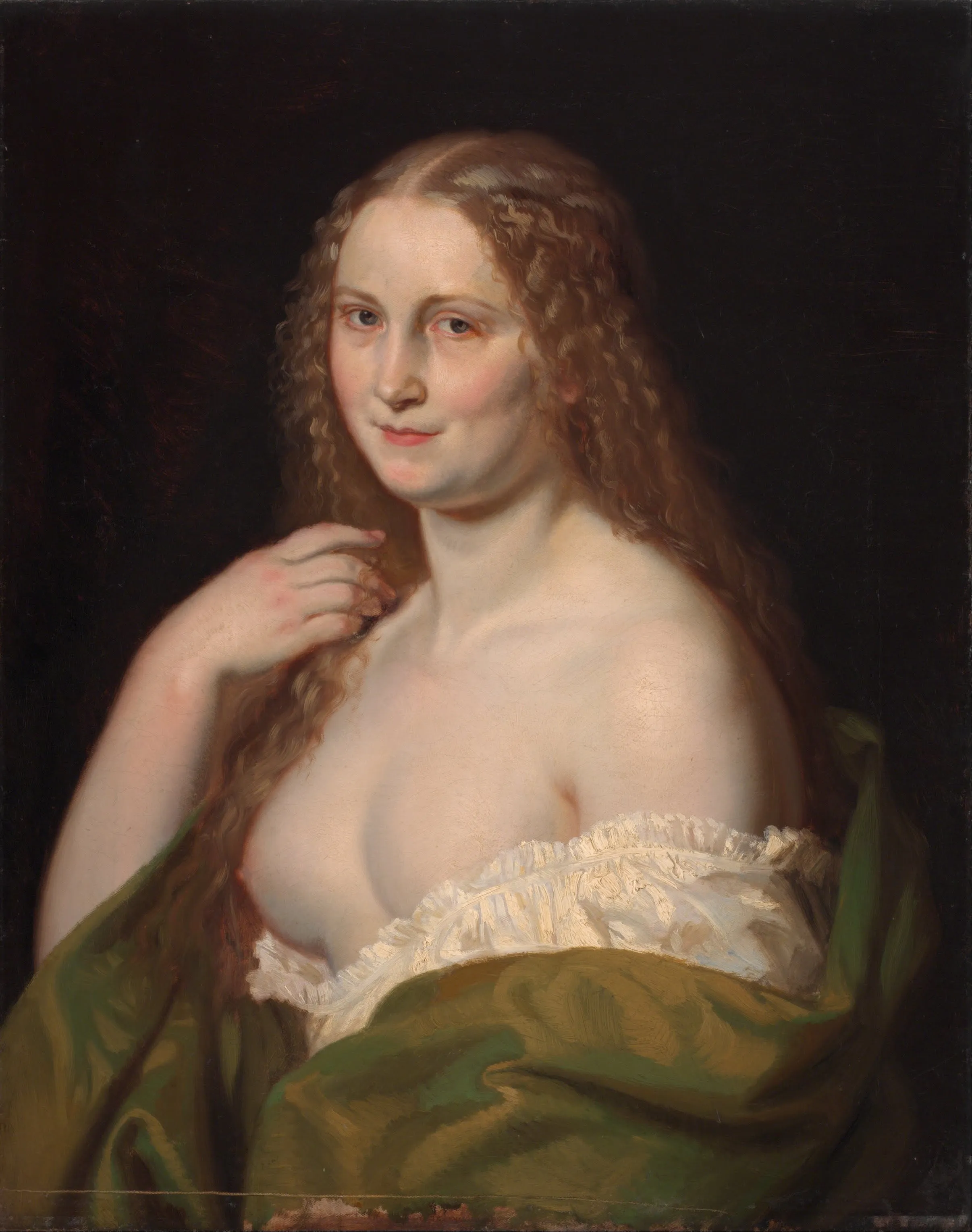 portrait of a woman with long curly hair wearing a white off-the-shoulder dress and green cloak