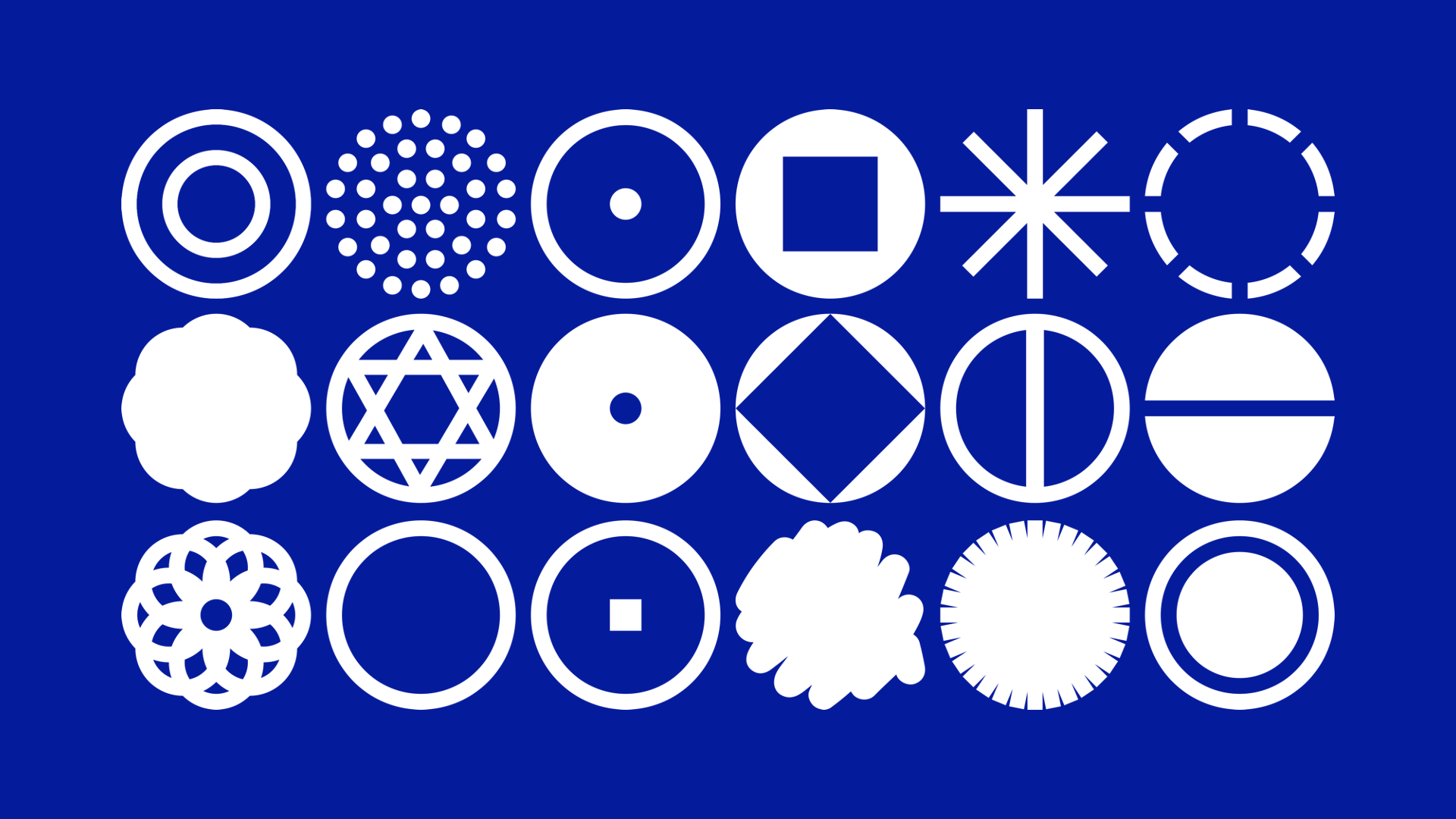Niebieskie tło z białymi geometrycznymi kształtami i symbolami kulturowymi, w tym Gwiazdą Dawida i wzorami kołowymi