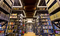 Tall bookshelves filled with books line a spacious library interior with a person walking down the central aisle