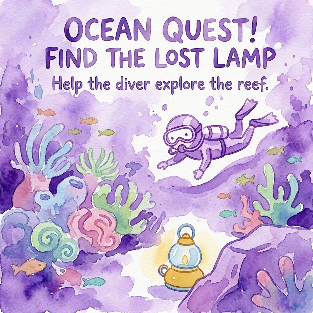 A whimsical watercolor illustration of a diver exploring a colorful coral reef, searching for a lost lighthouse lamp in the Duiker Doris museum exhibition.