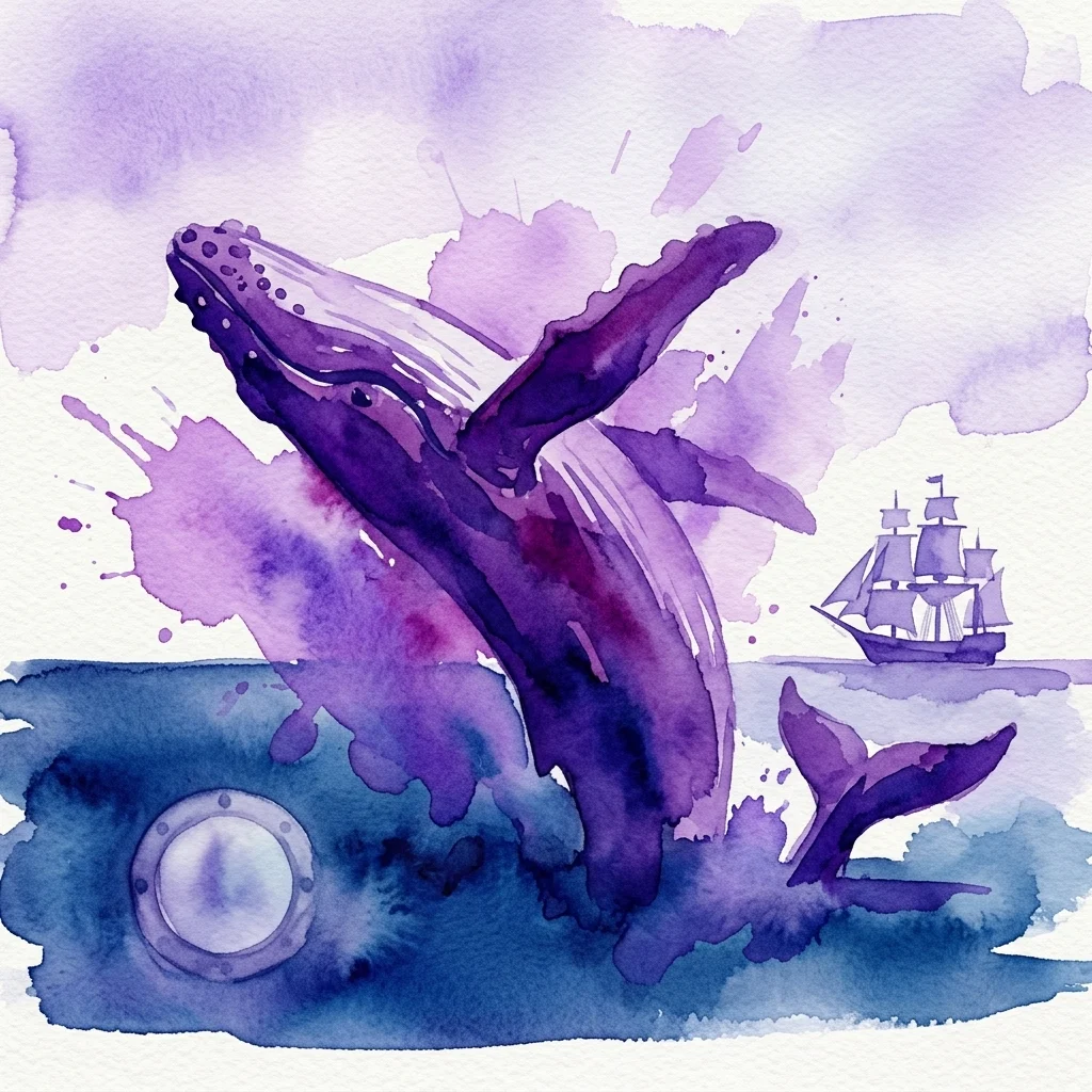 A watercolor illustration of a humpback whale breaching in purple and blue hues, with a historical Dutch sailing ship in the background, representing the exhibition 'The Story of the Whale' at the Scheepvaartmuseum.