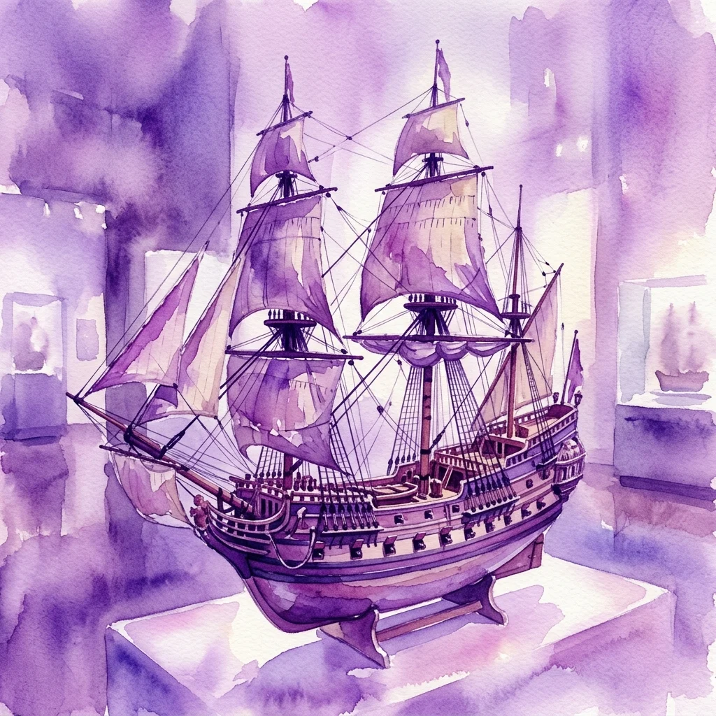 A detailed watercolor illustration of a historic sailing ship model on display in a museum gallery, showcasing intricate craftsmanship and historical accuracy.