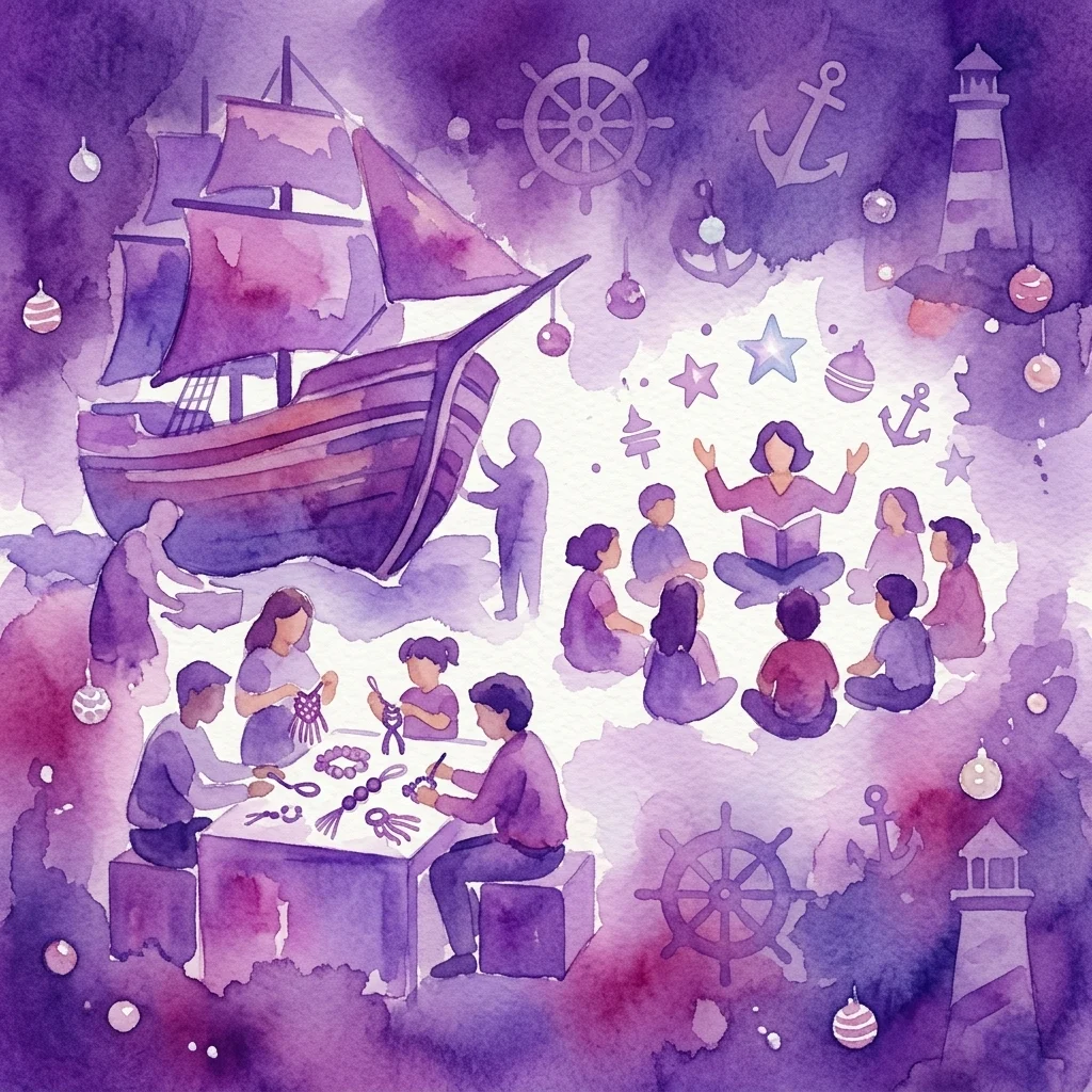 A watercolor illustration of children and adults participating in maritime-themed activities at Het Scheepvaartmuseum during Meivakantie, including crafting, storytelling, and exploring a ship replica.