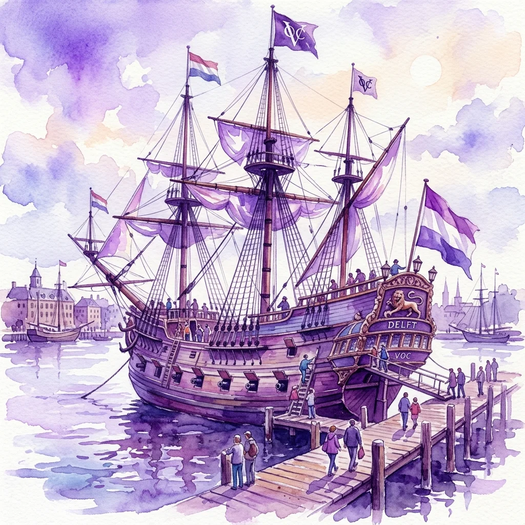 A watercolor illustration of the VOC Ship Amsterdam, a 17th-century Dutch East India Company sailing ship replica, docked at a pier with visitors exploring its decks and the city skyline in the background.